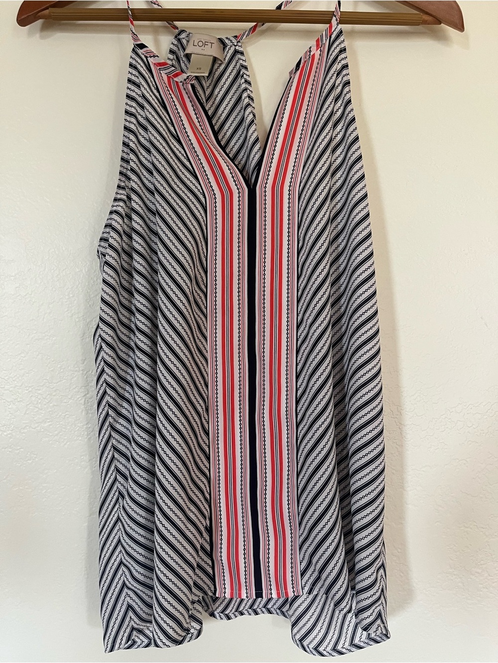 LOFT Blue, White & Coral Striped V-Neck Tank Blouse